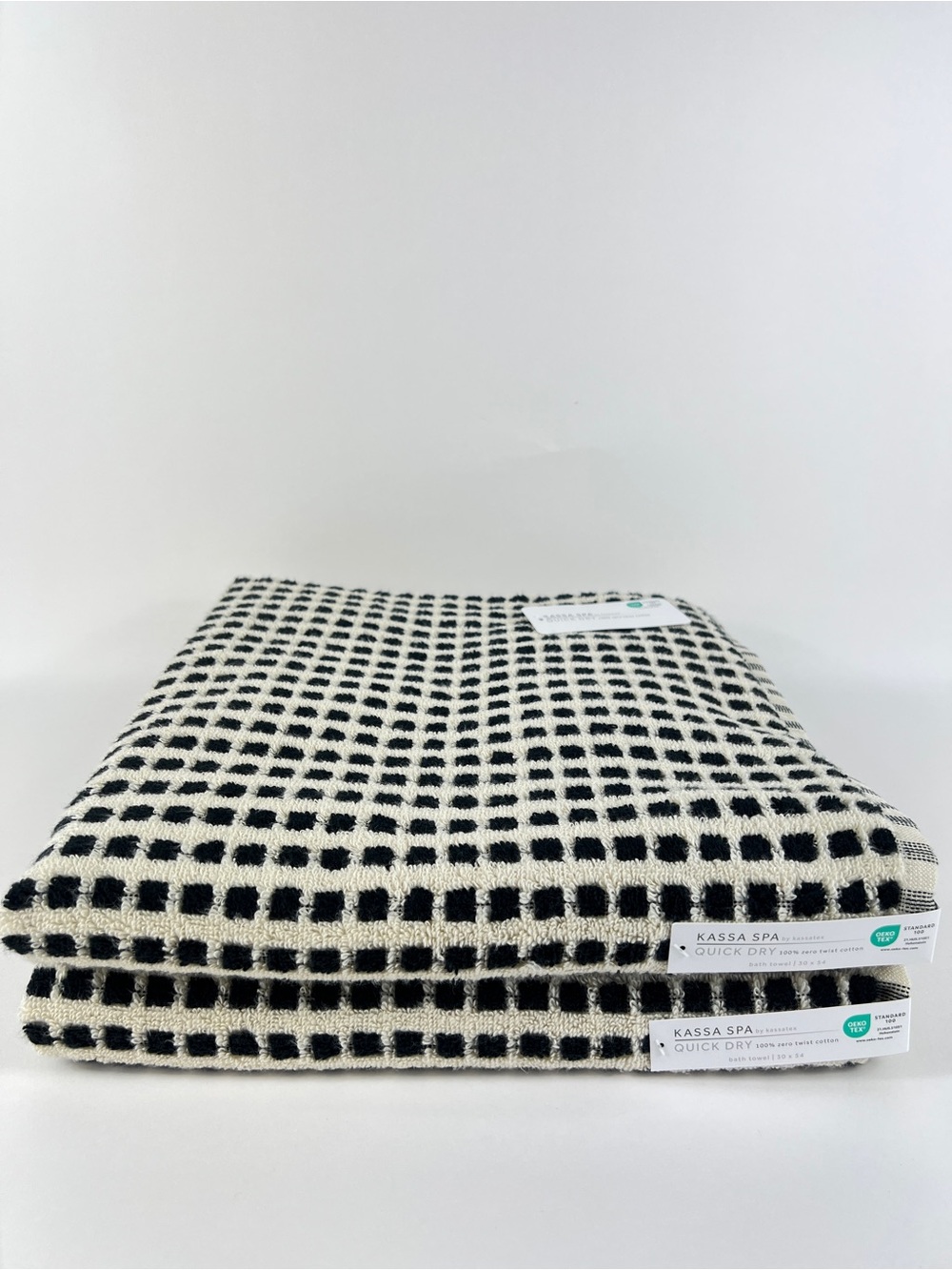 Kassa Spa by Kassatex Bath Towels Black Cream Dot Print 100% Cotton 2 Pc NEW